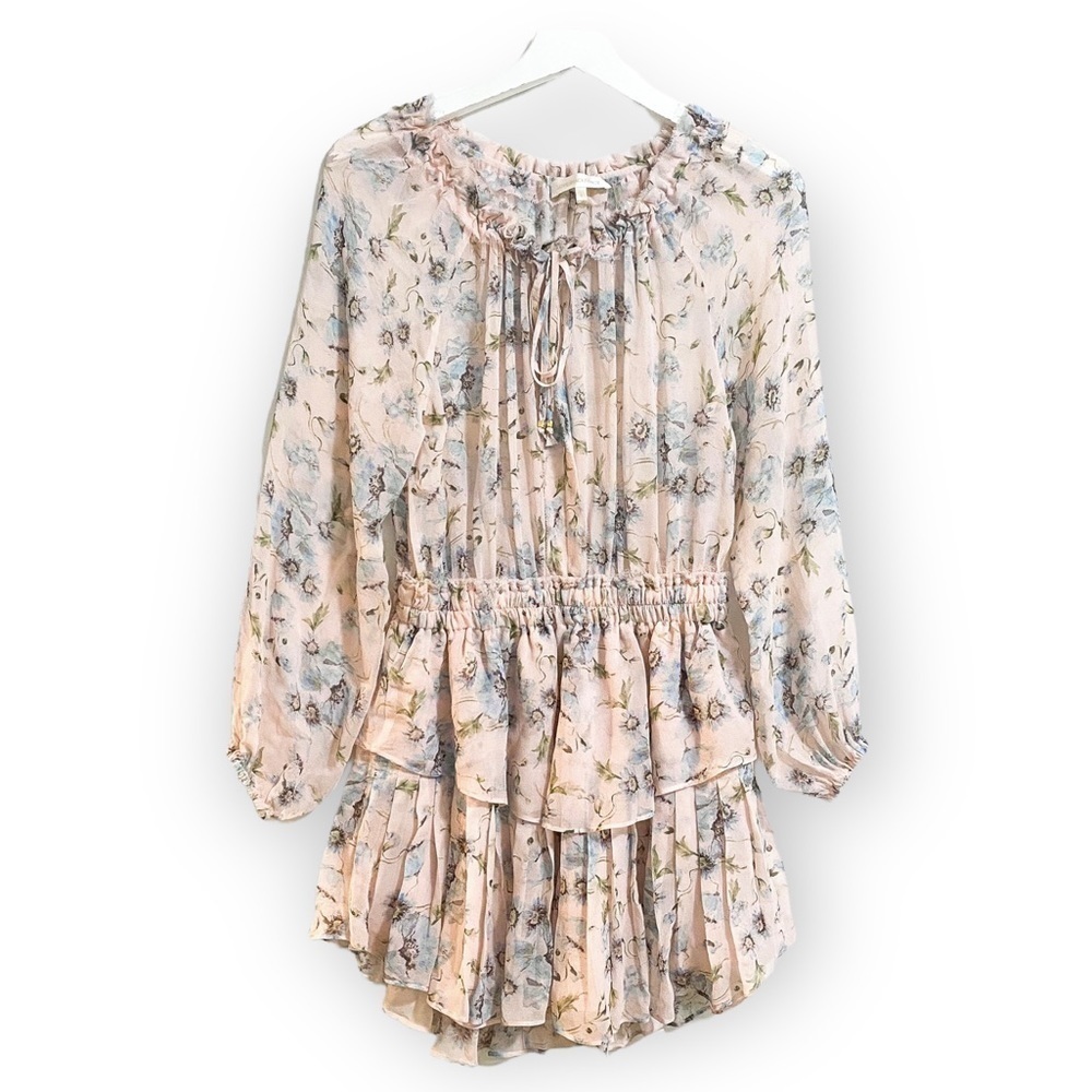 LoveShackFancy Silk Floral Popover‎ Mini Dress  Size S, Pink floral